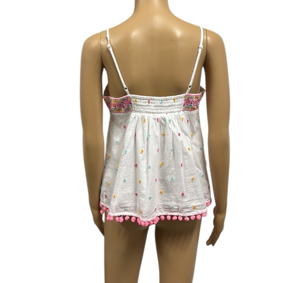Crown & Ivy Cotton Swiss Dot Embroidered Pom Pom Spaghetti Strap Tank Top Small - Picture 3 of 10